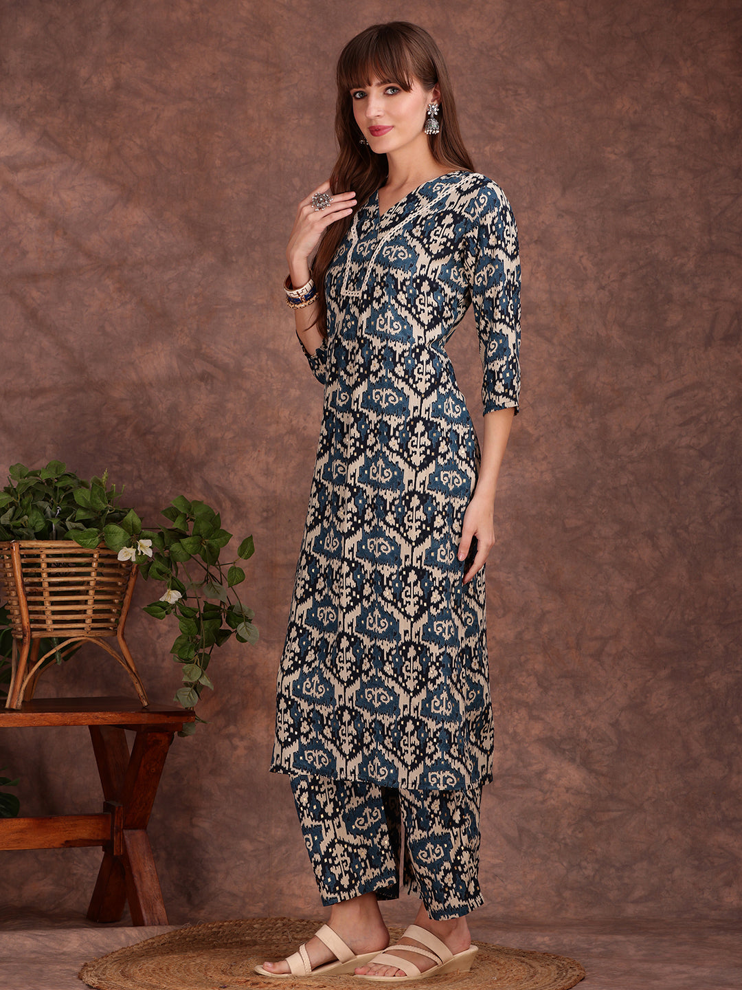 Ethnic Motifs Printed Lace Detailing Kurta And Palazzo, Teal - Hiral Fashion - Distacart