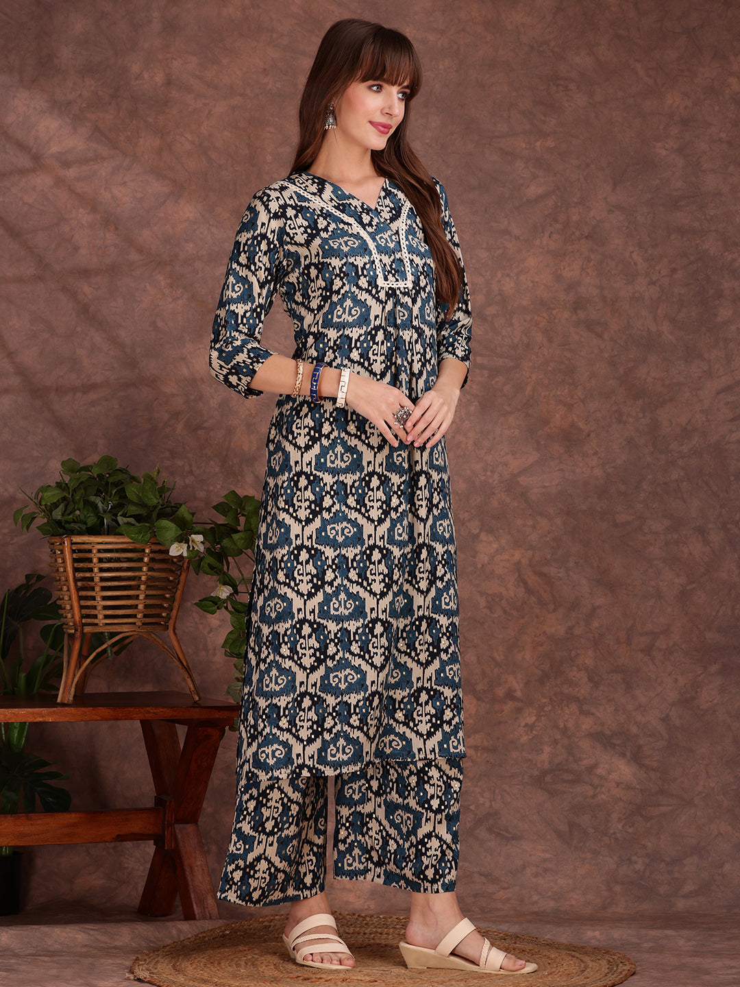 Ethnic Motifs Printed Lace Detailing Kurta And Palazzo, Teal - Hiral Fashion - Distacart