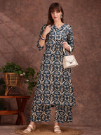 Ethnic Motifs Printed Lace Detailing Kurta And Palazzo, Teal - Hiral Fashion - Distacart