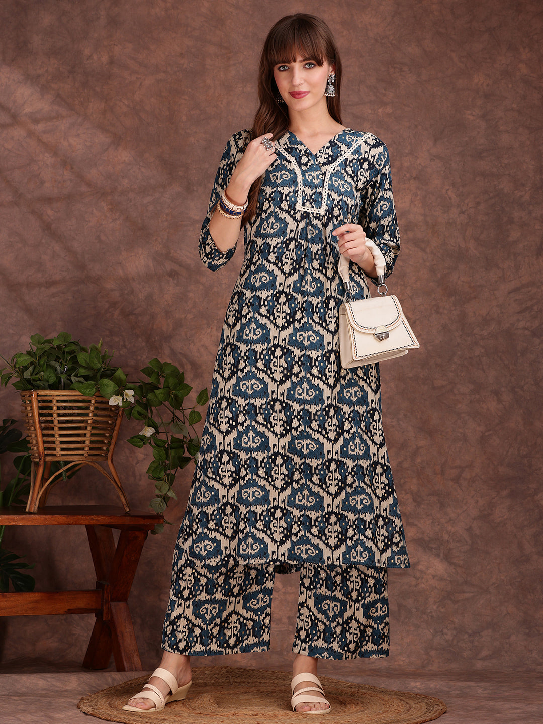 Ethnic Motifs Printed Lace Detailing Kurta And Palazzo, Teal - Hiral Fashion - Distacart