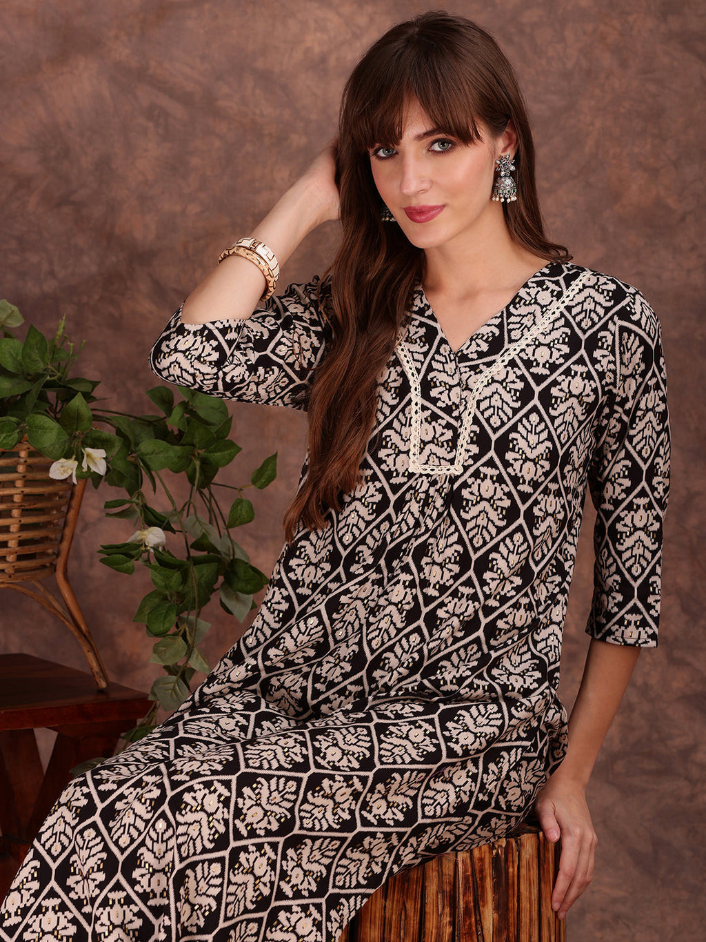 Ethnic Motifs Printed Lace Detailing Kurta And Palazzo, Black - Hiral Fashion - Distacart