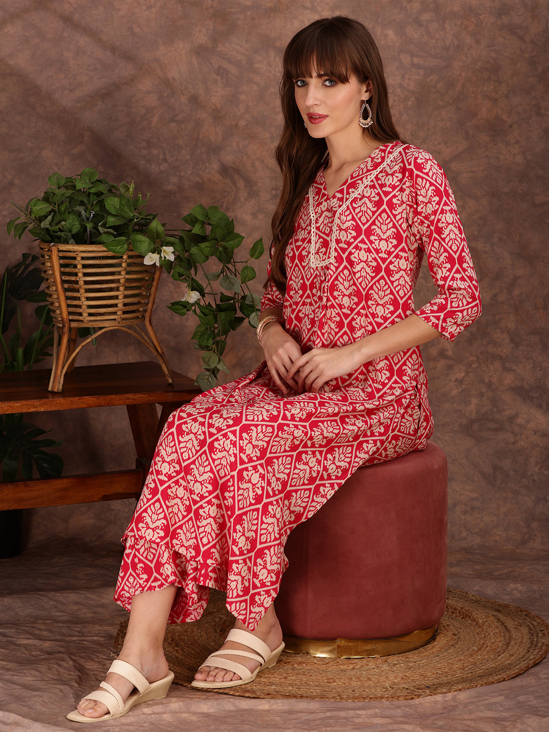 Ethnic Motifs Printed Lace Detailing Kurta And Palazzo, Pink - Hiral Fashion - Distacart
