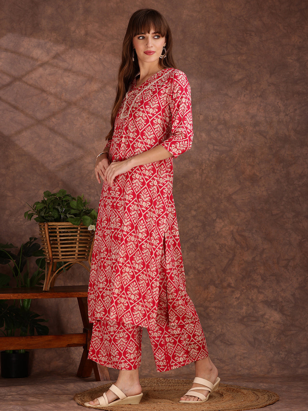 Ethnic Motifs Printed Lace Detailing Kurta And Palazzo, Pink - Hiral Fashion - Distacart
