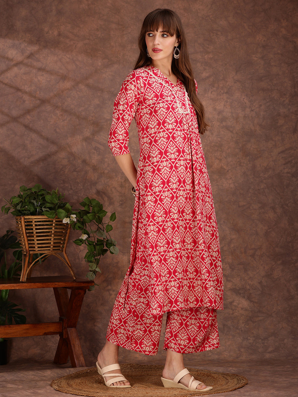 Ethnic Motifs Printed Lace Detailing Kurta And Palazzo, Pink - Hiral Fashion - Distacart