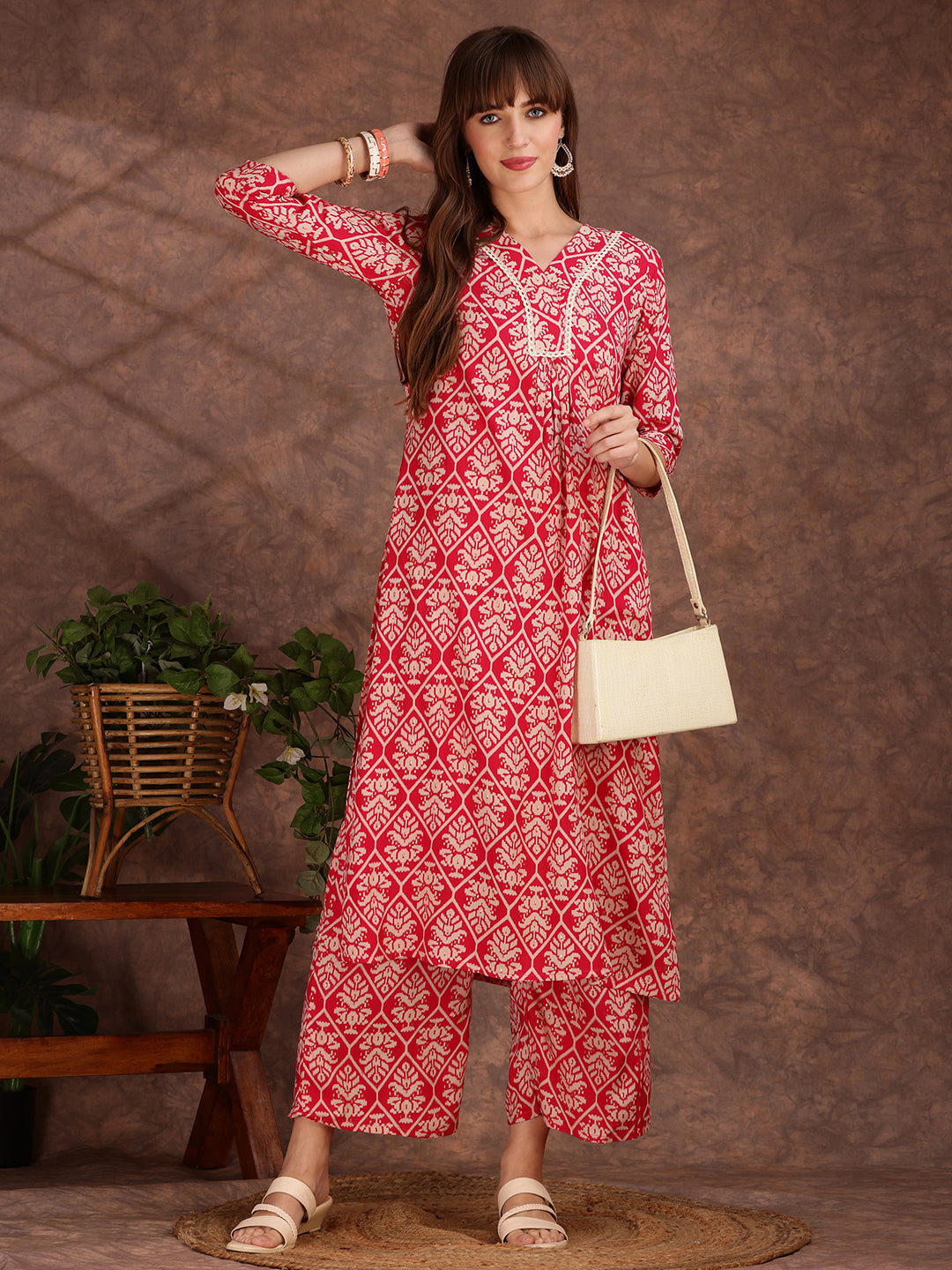 Ethnic Motifs Printed Lace Detailing Kurta And Palazzo, Pink - Hiral Fashion - Distacart