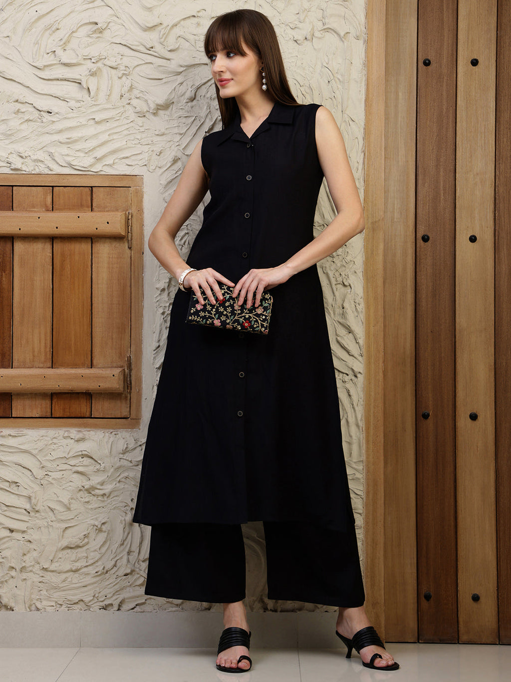Shirt Style Kurta With Palazzo, Black - Hiral Fashion - Distacart