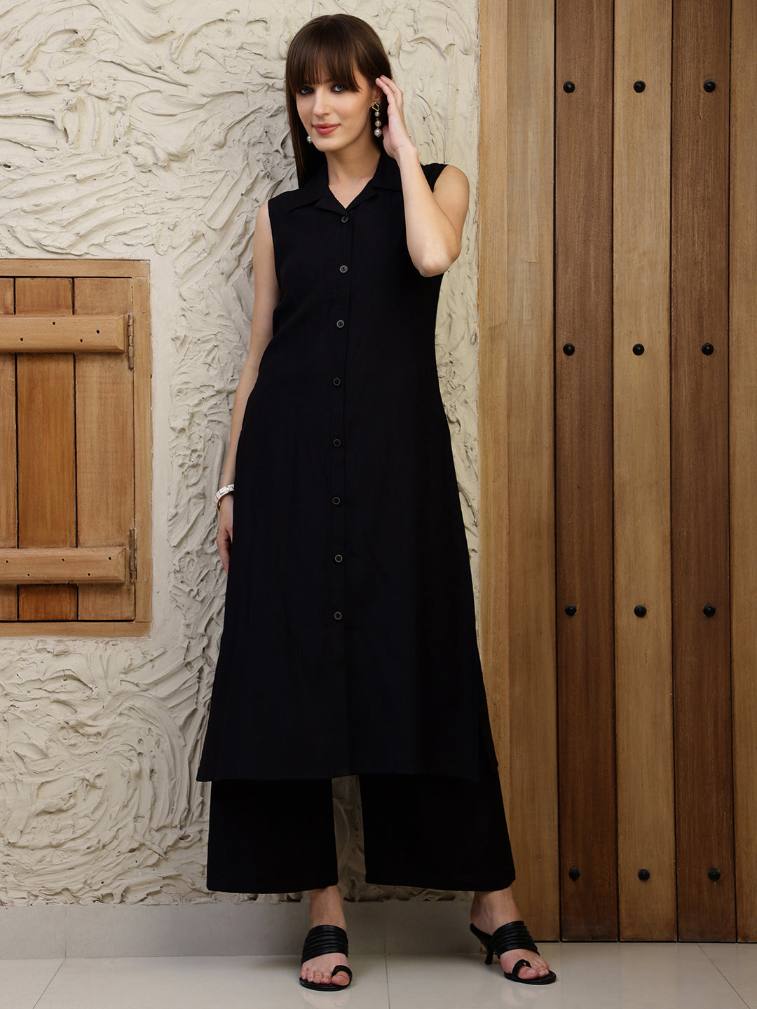 Shirt Style Kurta With Palazzo, Black - Hiral Fashion - Distacart
