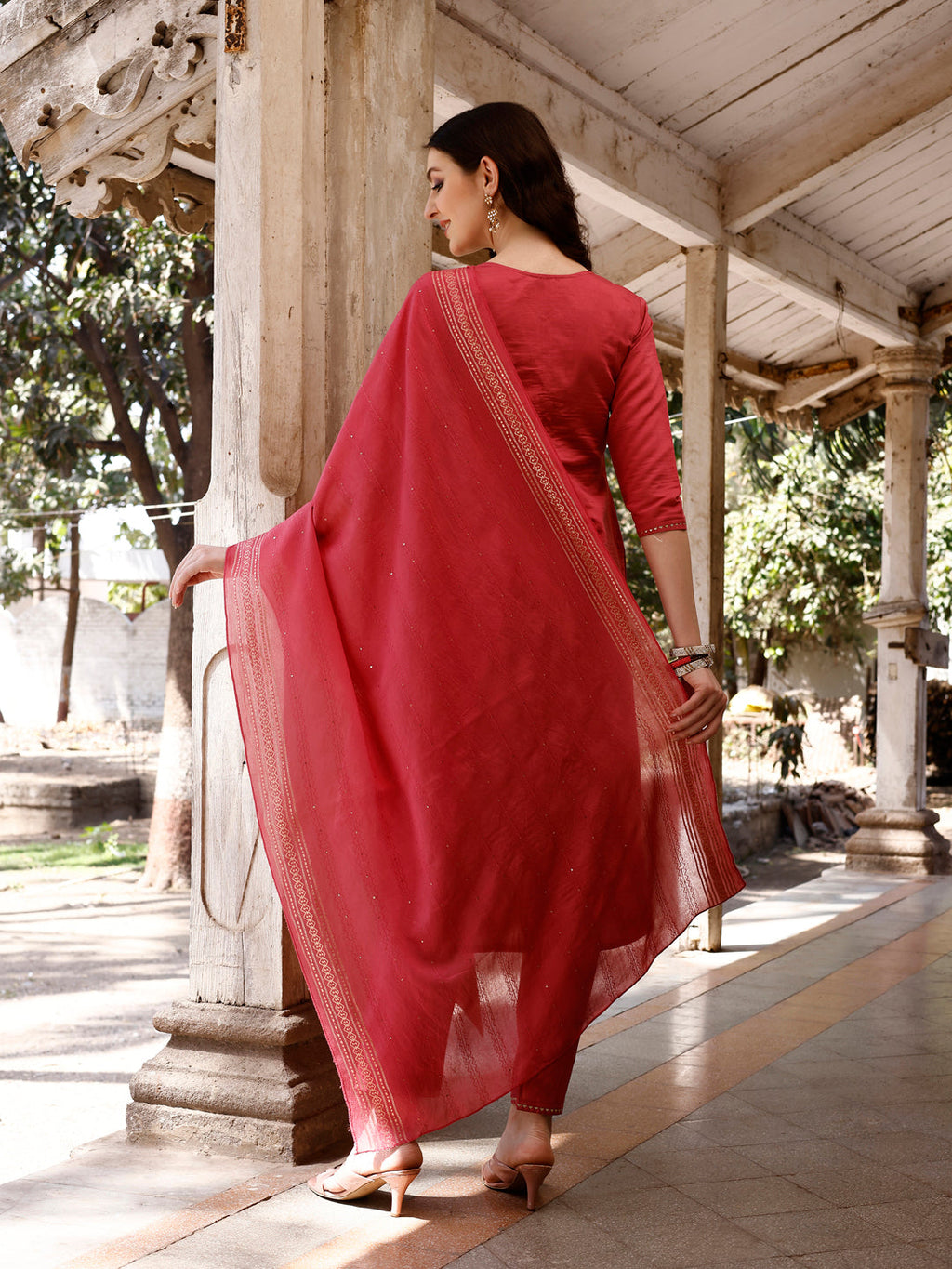Hand Embroidered Kurta With Pant & Banarasi Dupatta, Multicolor - Hiral Fashion