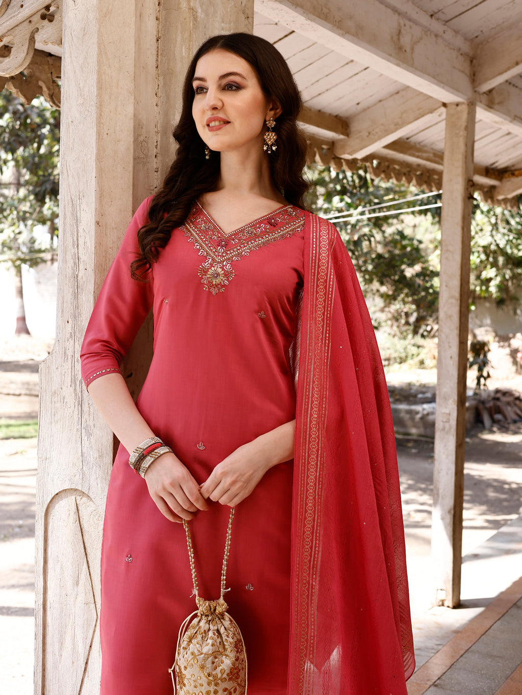 Hand Embroidered Kurta With Pant & Banarasi Dupatta, Multicolor - Hiral Fashion