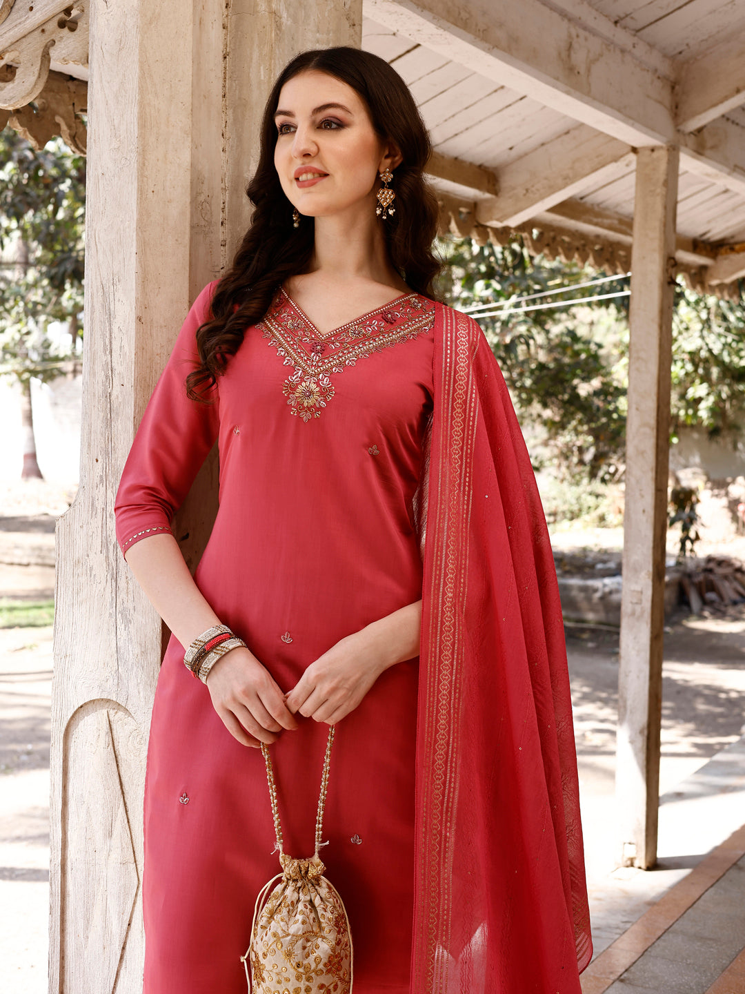 Hand Embroidered Kurta With Pant & Banarasi Dupatta, Multicolor - Hiral Fashion