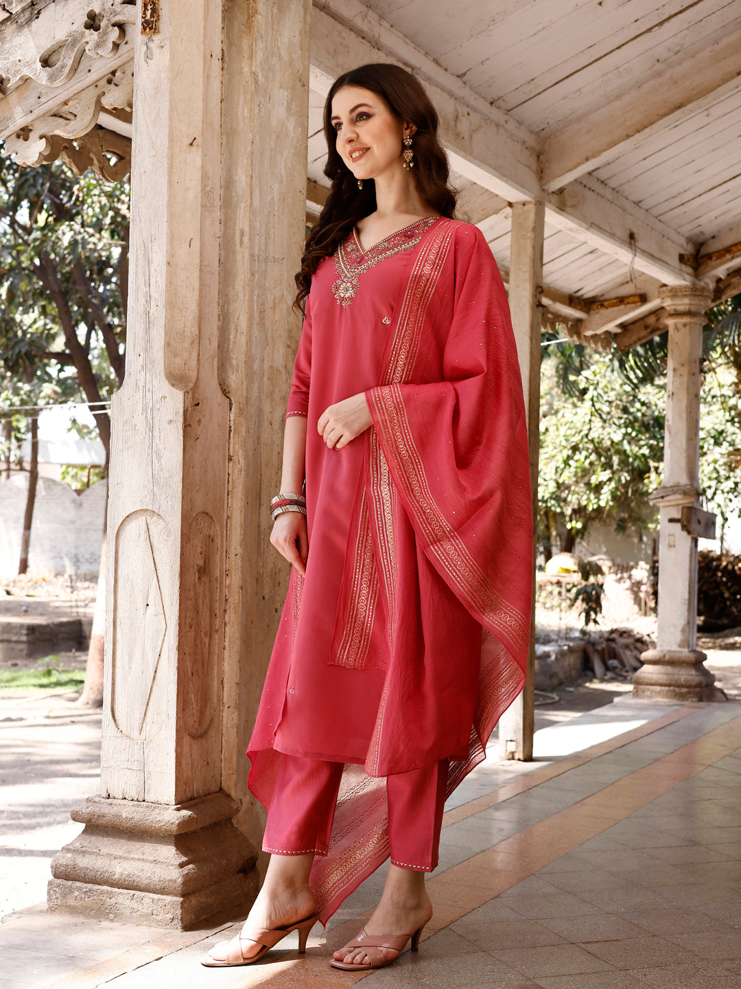 Hand Embroidered Kurta With Pant & Banarasi Dupatta, Multicolor - Hiral Fashion