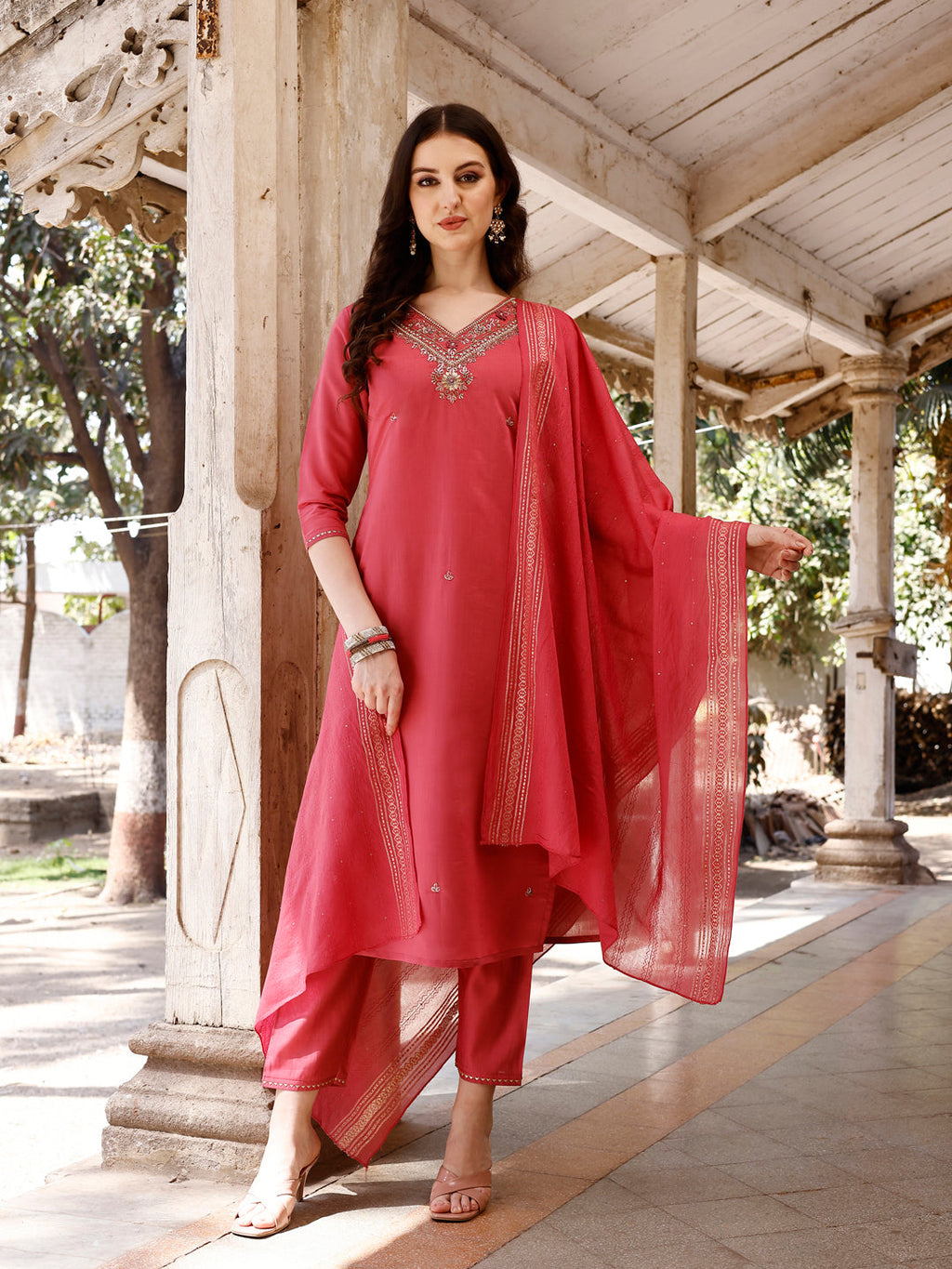 Hand Embroidered Kurta With Pant & Banarasi Dupatta, Multicolor - Hiral Fashion