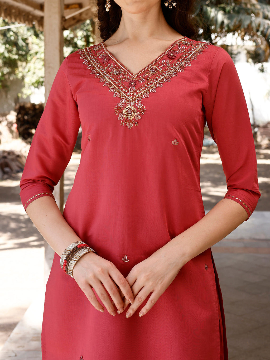 Hand Embroidered Kurta With Pant & Banarasi Dupatta, Multicolor - Hiral Fashion