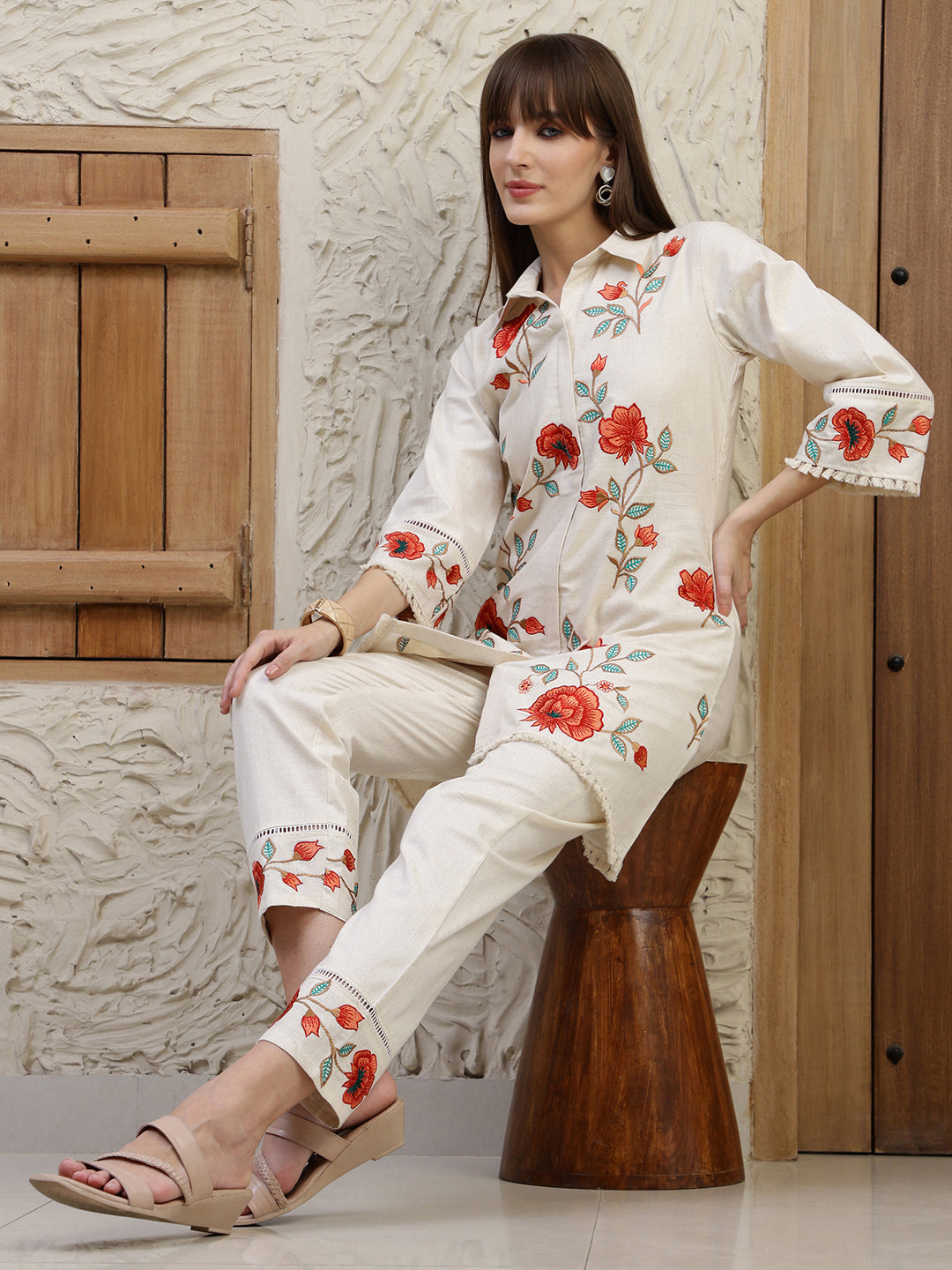 Placement Embroidered Co Ords, Cream - Hiral Fashion - Distacart