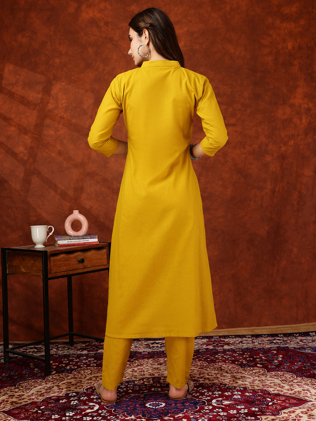 Placement Floral Front Buttoned Kurta With Pant, Mustard - Hiral Fashion - Distacart
