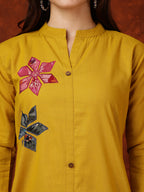 Placement Floral Front Buttoned Kurta With Pant, Mustard - Hiral Fashion - Distacart