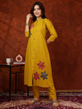 Placement Floral Front Buttoned Kurta With Pant, Mustard - Hiral Fashion - Distacart