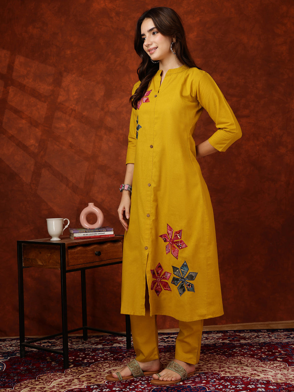 Placement Floral Front Buttoned Kurta With Pant, Mustard - Hiral Fashion - Distacart