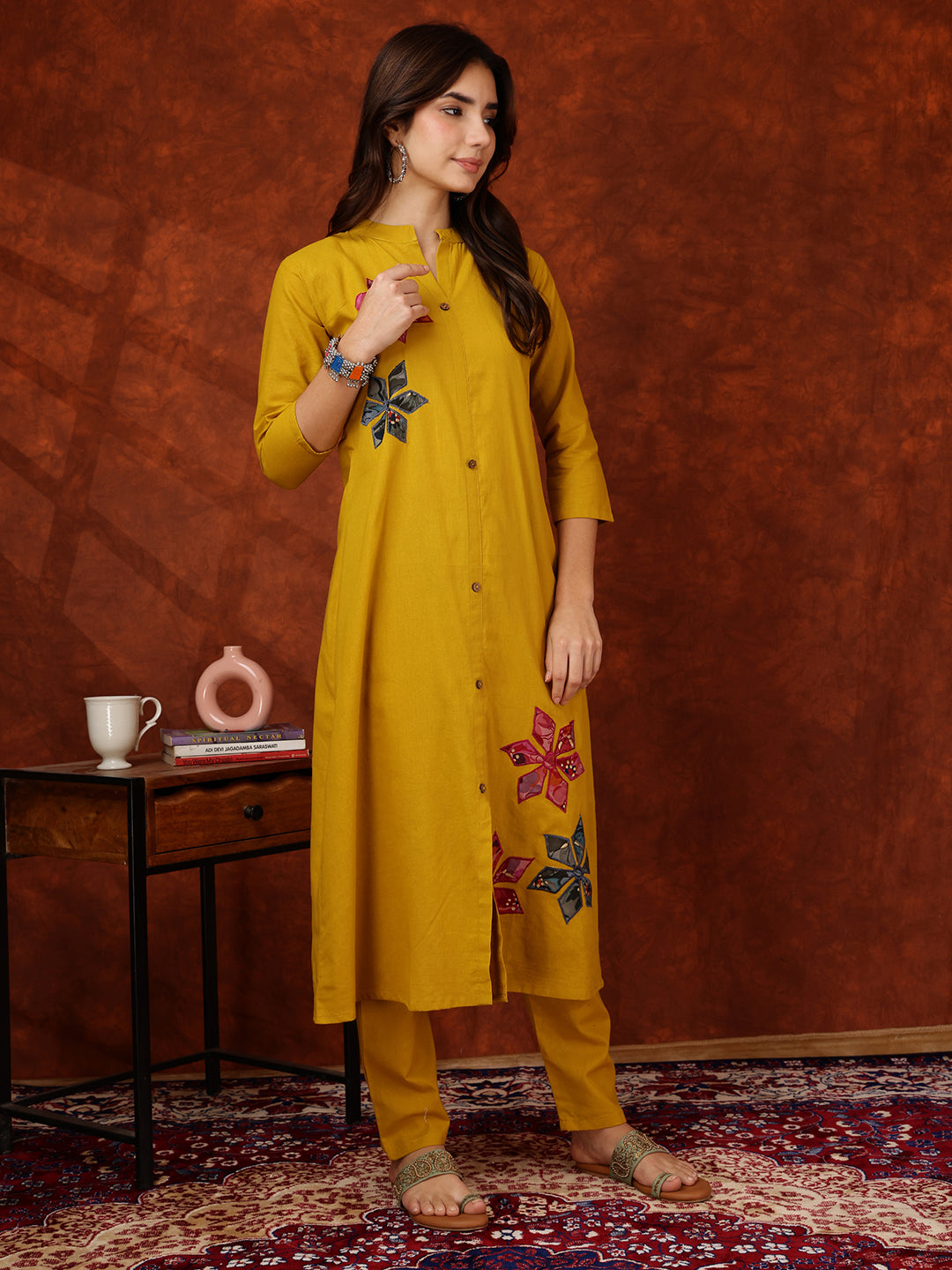 Placement Floral Front Buttoned Kurta With Pant, Mustard - Hiral Fashion - Distacart