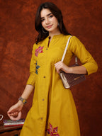 Placement Floral Front Buttoned Kurta With Pant, Mustard - Hiral Fashion - Distacart