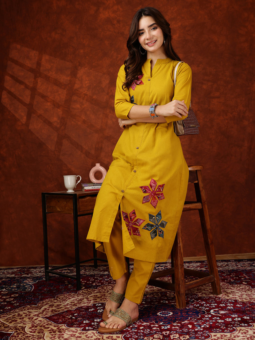 Placement Floral Front Buttoned Kurta With Pant, Mustard - Hiral Fashion - Distacart