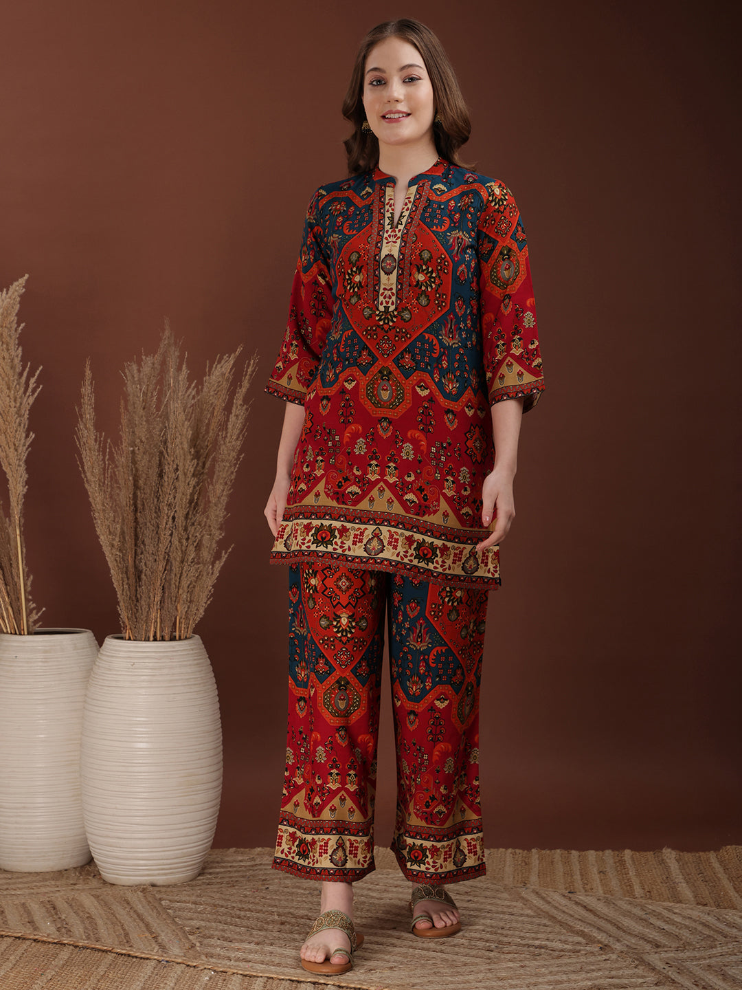 Floral & Geometrical Printed Co-Ords, Red - Hiral Fashion - Distacart