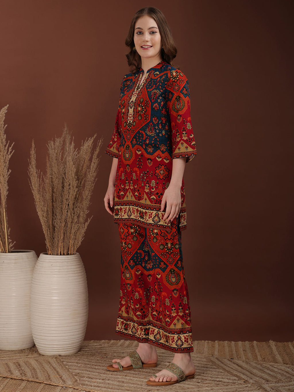 Floral & Geometrical Printed Co-Ords, Red - Hiral Fashion - Distacart