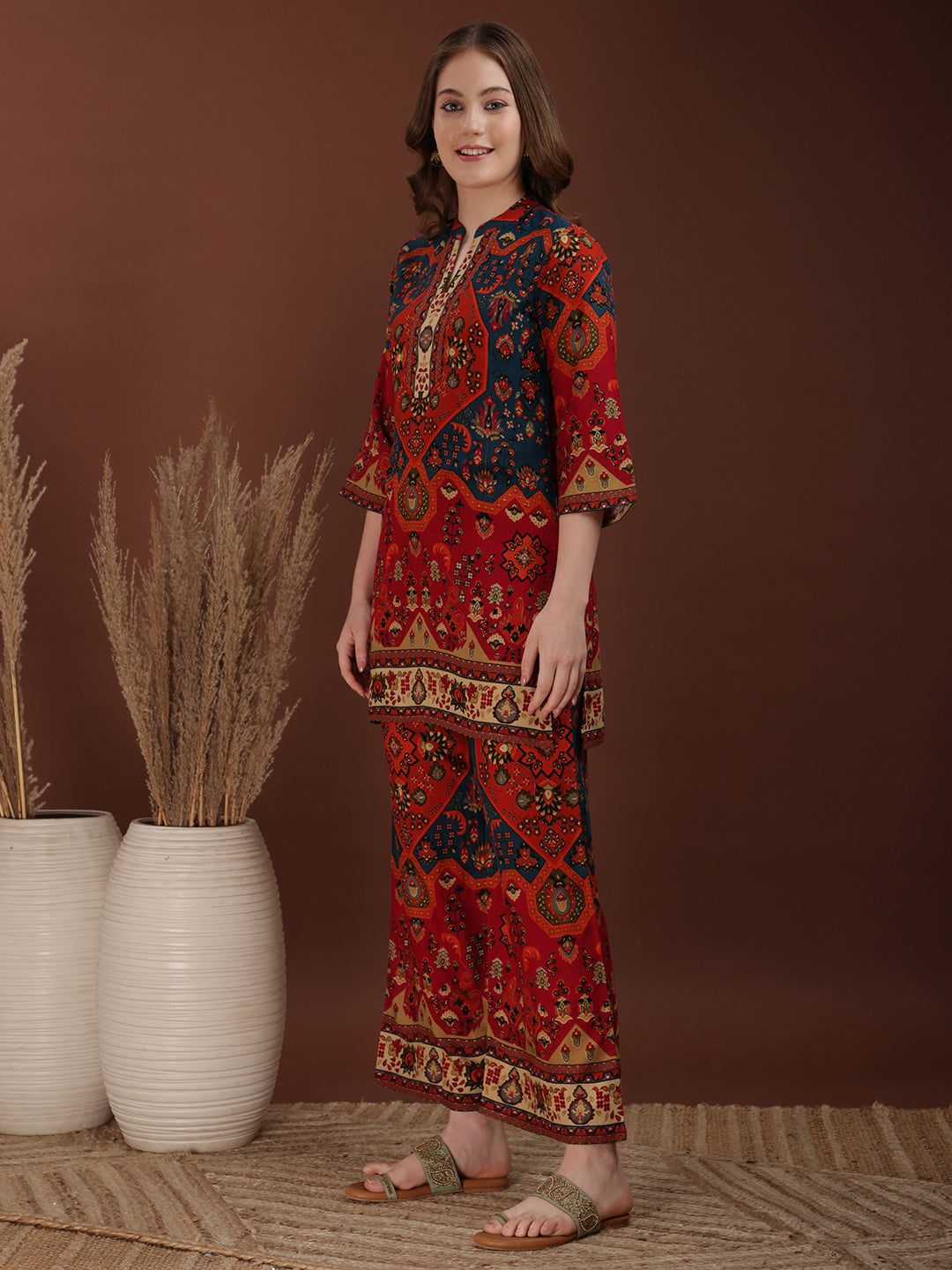 Floral & Geometrical Printed Co-Ords, Red - Hiral Fashion - Distacart