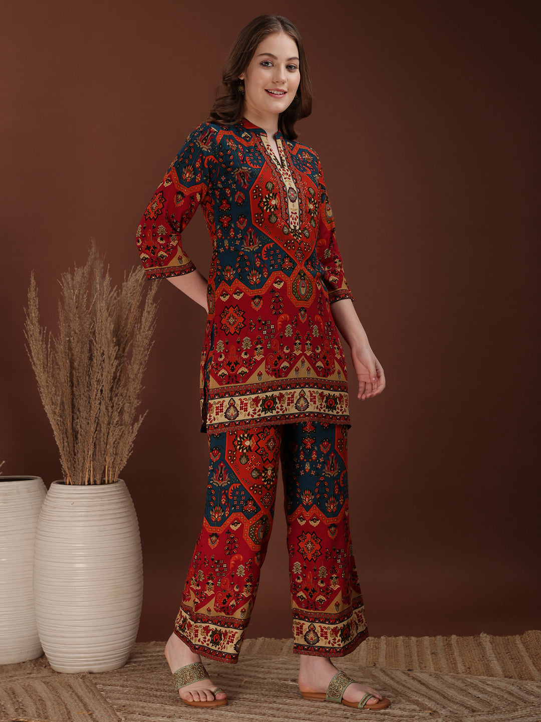 Floral & Geometrical Printed Co-Ords, Red - Hiral Fashion - Distacart