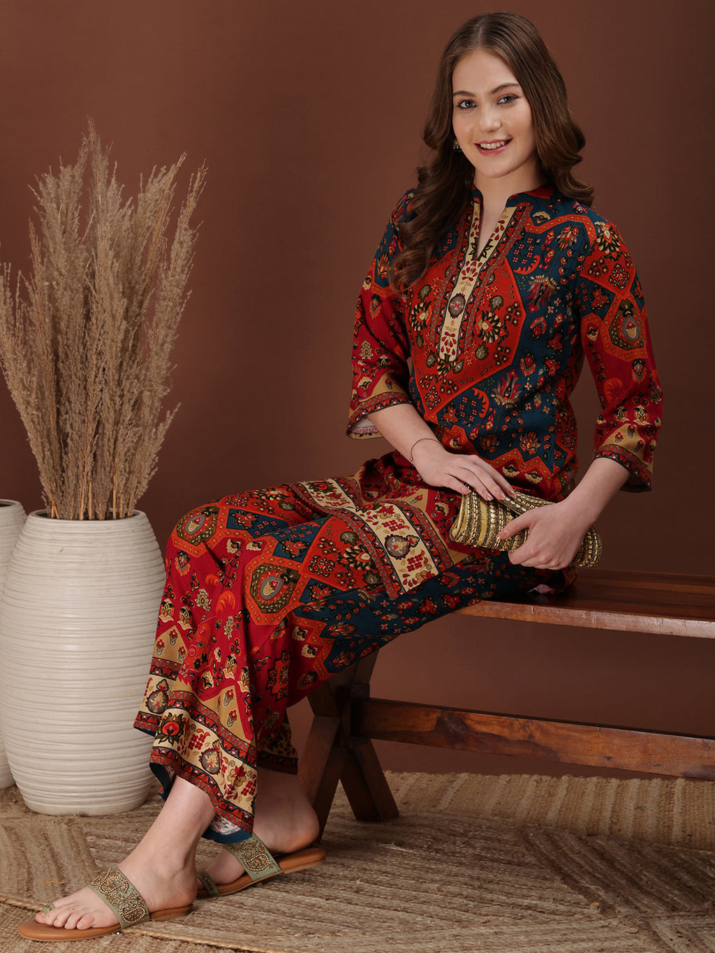 Floral & Geometrical Printed Co-Ords, Red - Hiral Fashion - Distacart