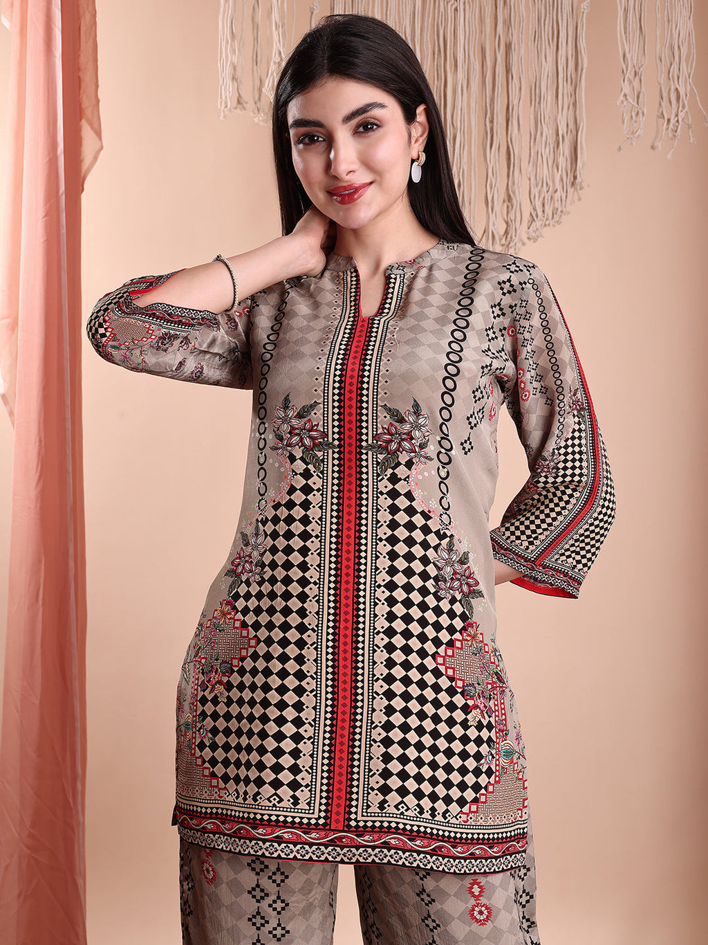 Floral & Geometric Printed Co-Ords, Brown - Hiral Fashion - Distacart