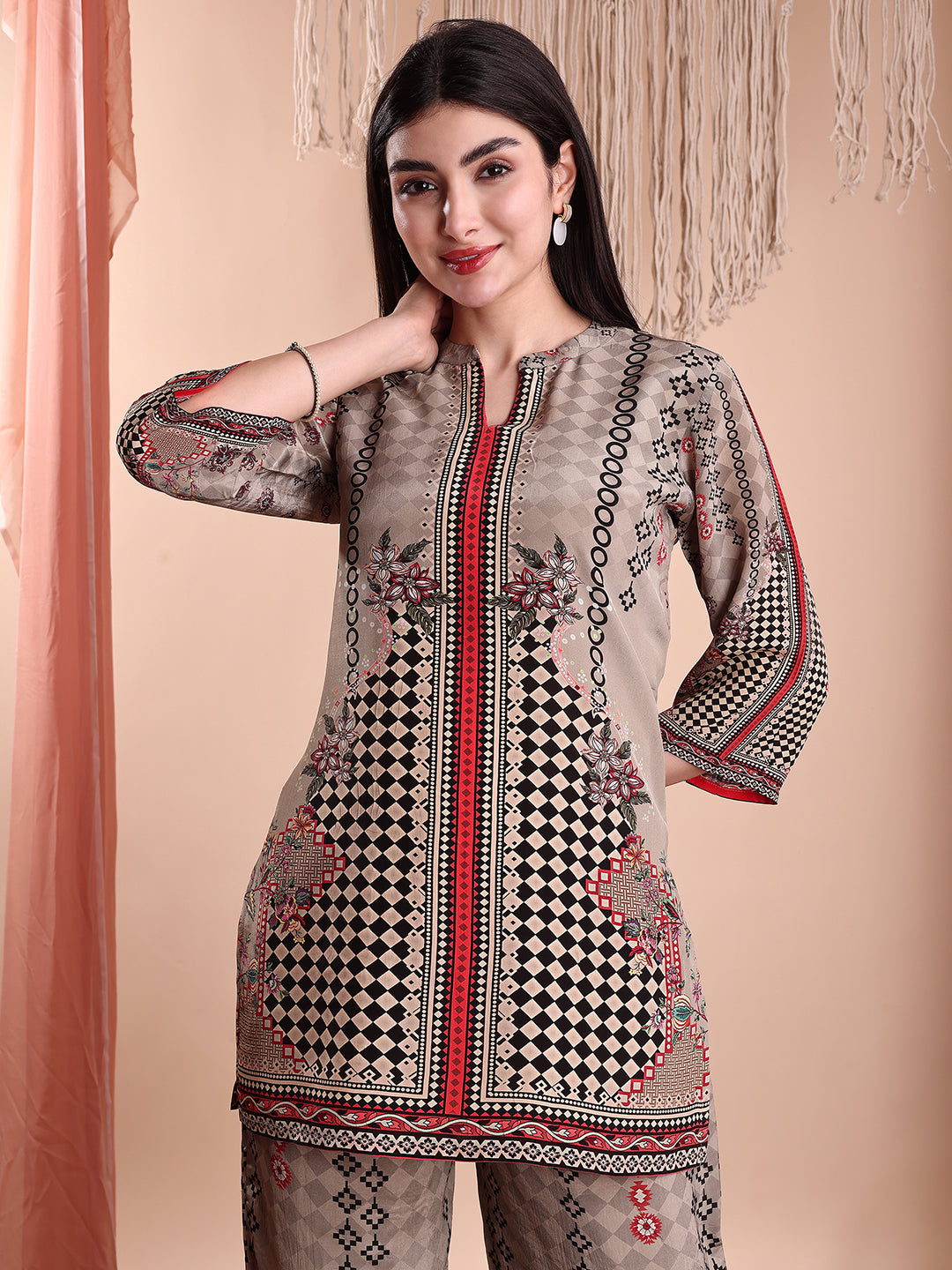 Floral & Geometric Printed Co-Ords, Brown - Hiral Fashion - Distacart