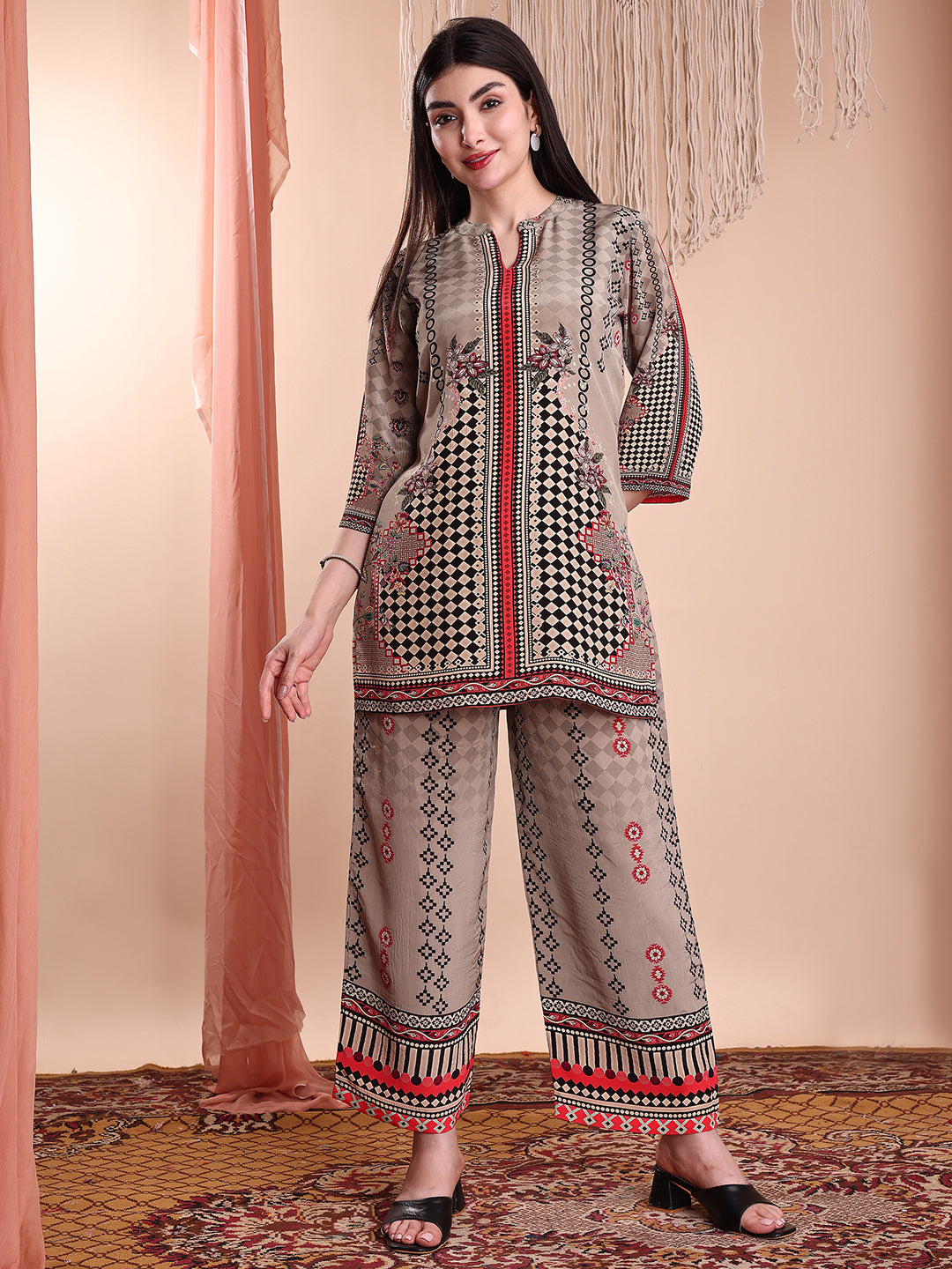 Floral & Geometric Printed Co-Ords, Brown - Hiral Fashion - Distacart