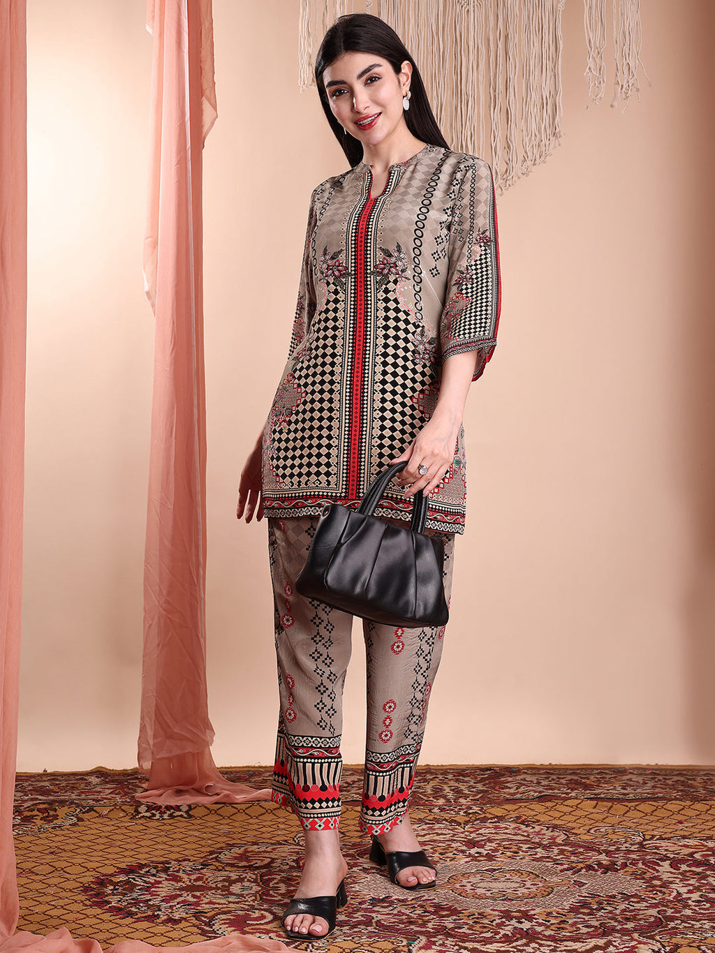 Floral & Geometric Printed Co-Ords, Brown - Hiral Fashion - Distacart