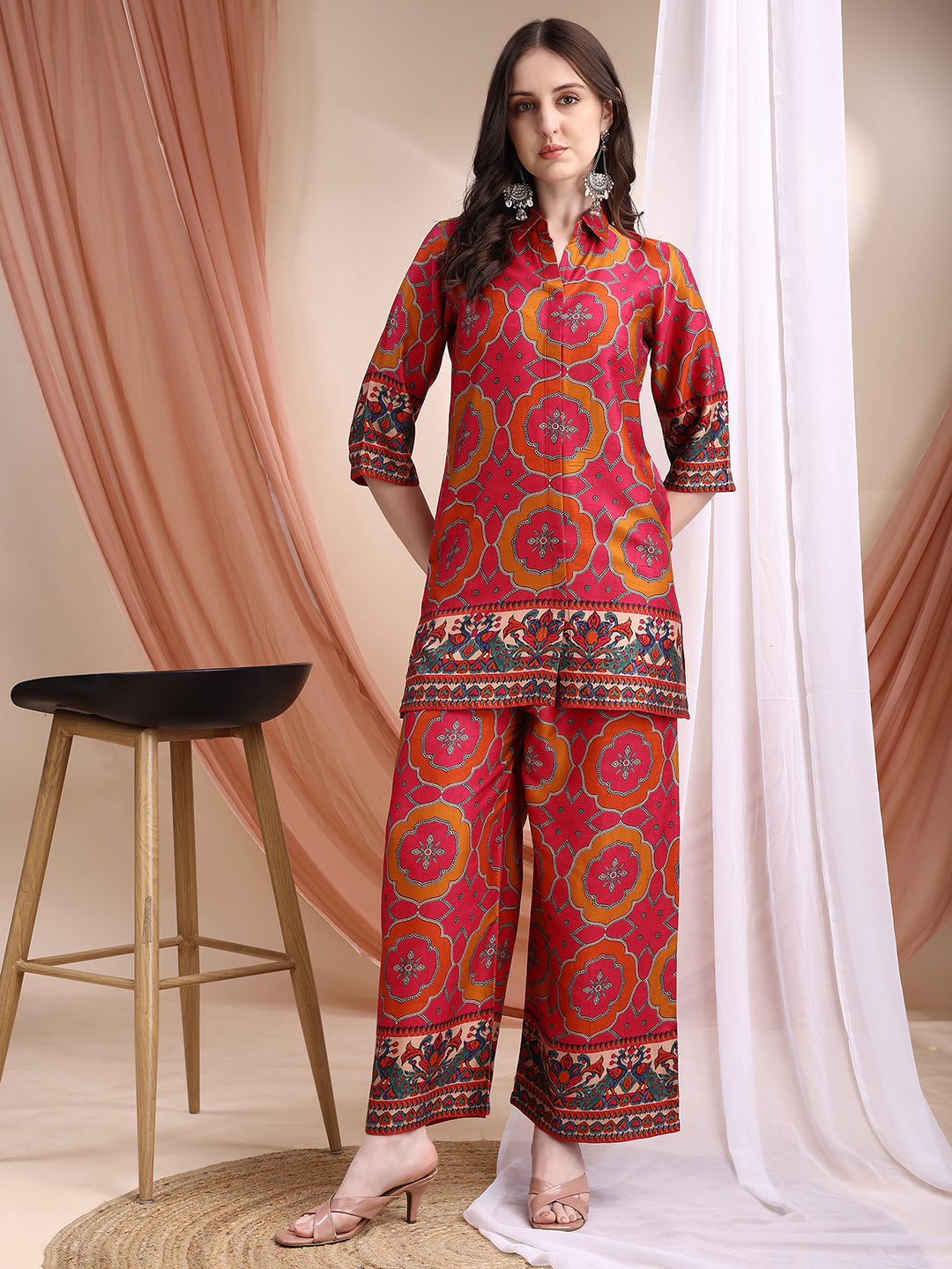 Vibrant Ethnic Co-Ord Set, Pink - Hiral Fashion - Distacart
