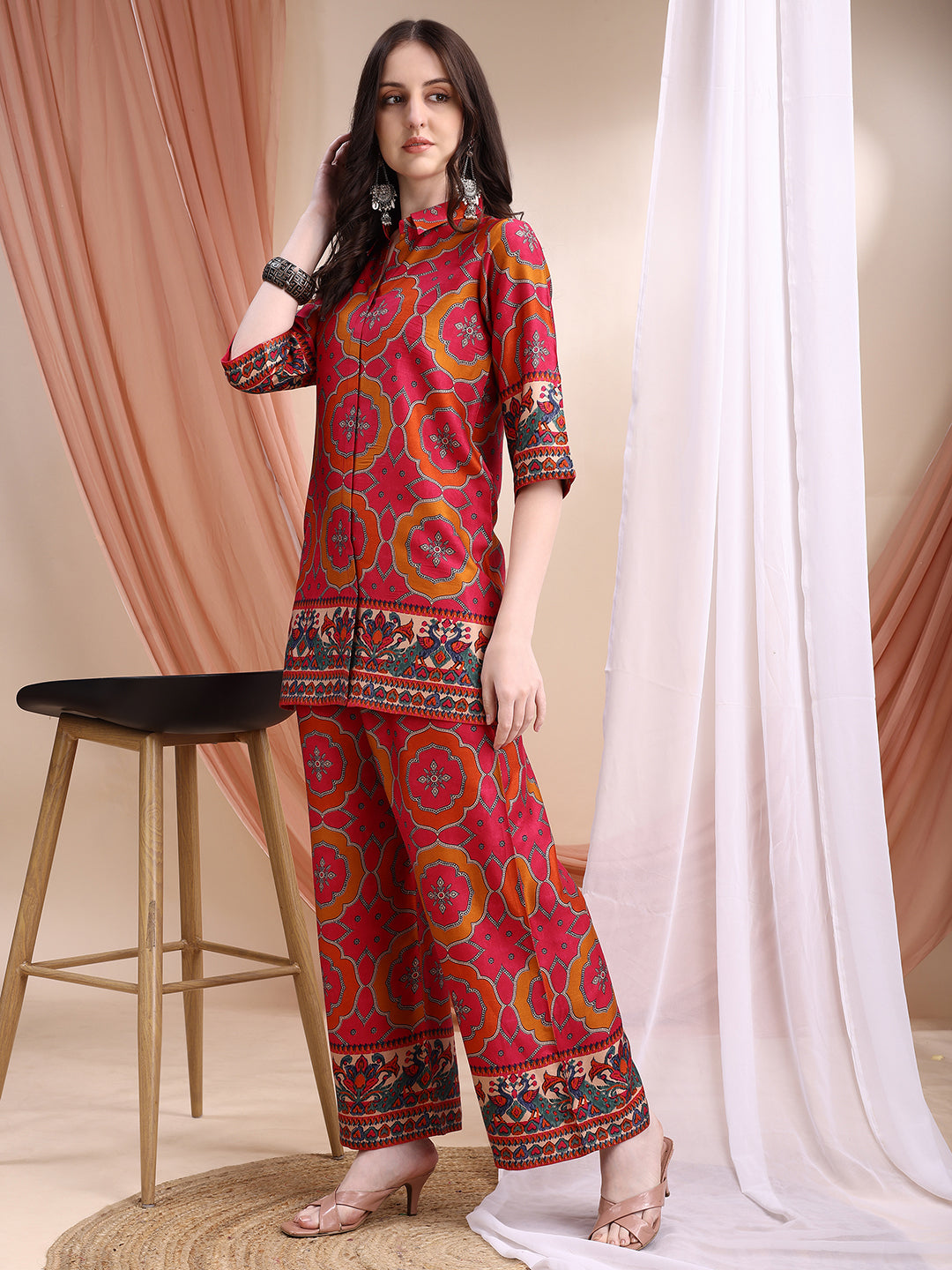 Vibrant Ethnic Co-Ord Set, Pink - Hiral Fashion - Distacart