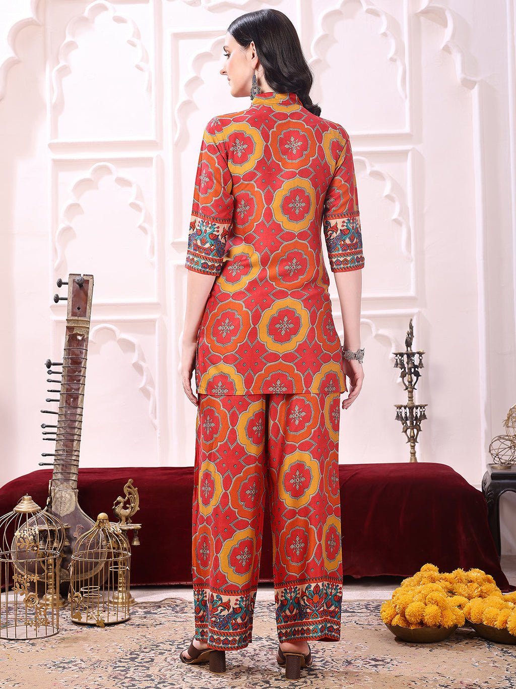Vibrant Ethnic Co-Ord Set, Red - Hiral Fashion - Distacart