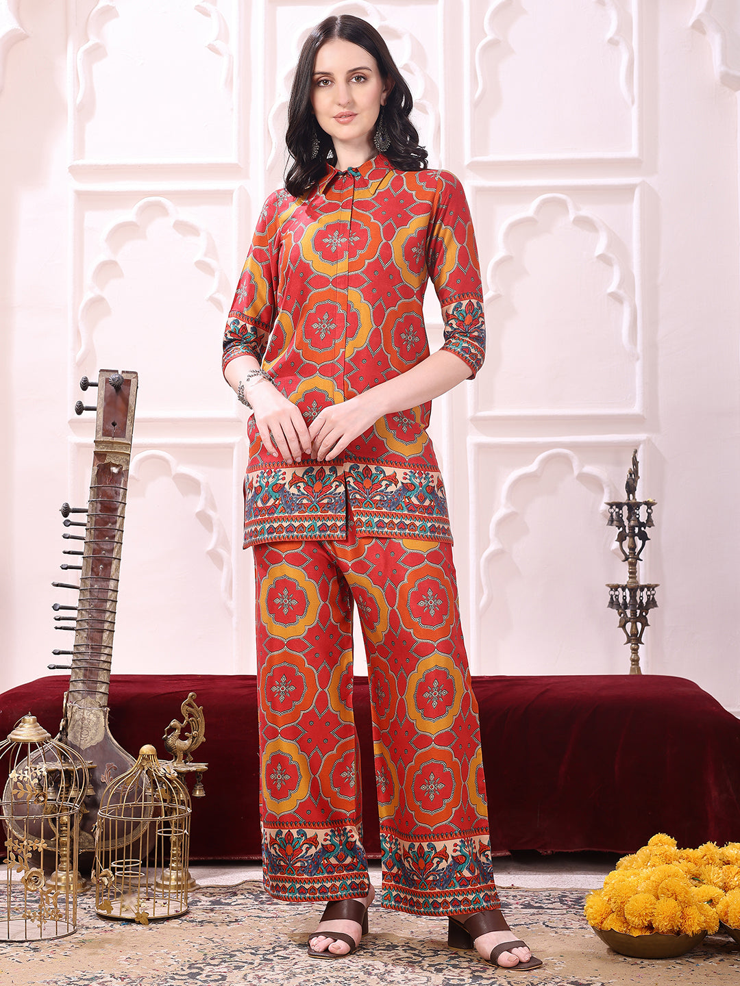 Vibrant Ethnic Co-Ord Set, Red - Hiral Fashion - Distacart