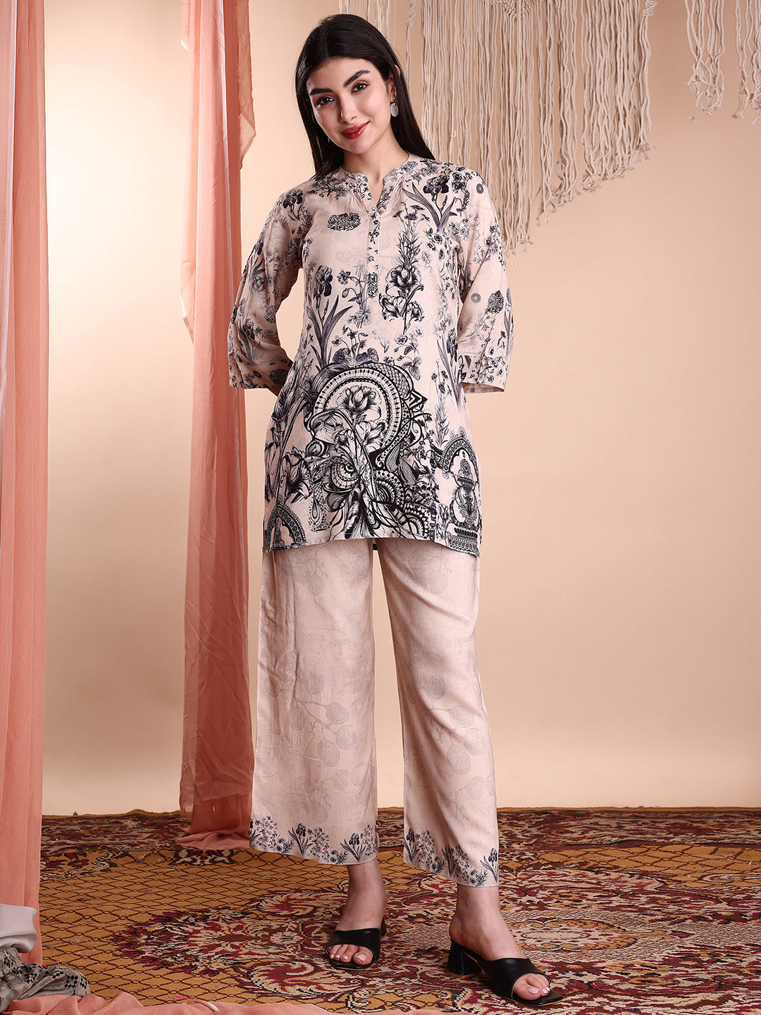 Floral & Paisley Printed Co-Ords, Beige - Hiral Fashion
