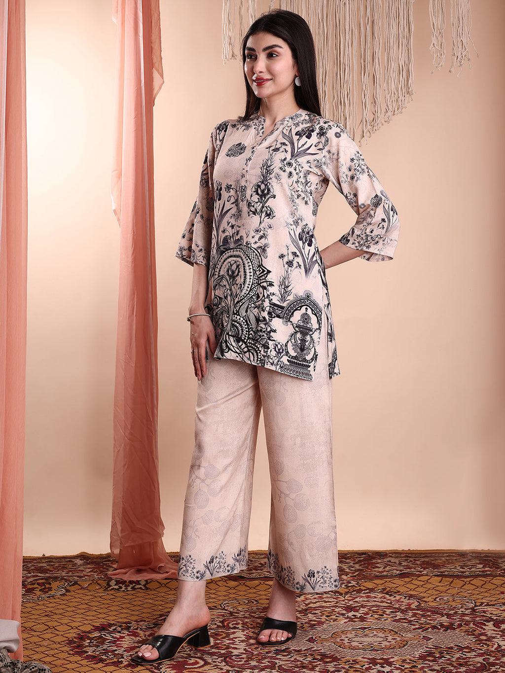 Floral & Paisley Printed Co-Ords, Beige - Hiral Fashion