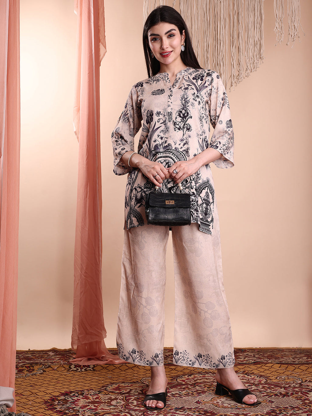 Floral & Paisley Printed Co-Ords, Beige - Hiral Fashion