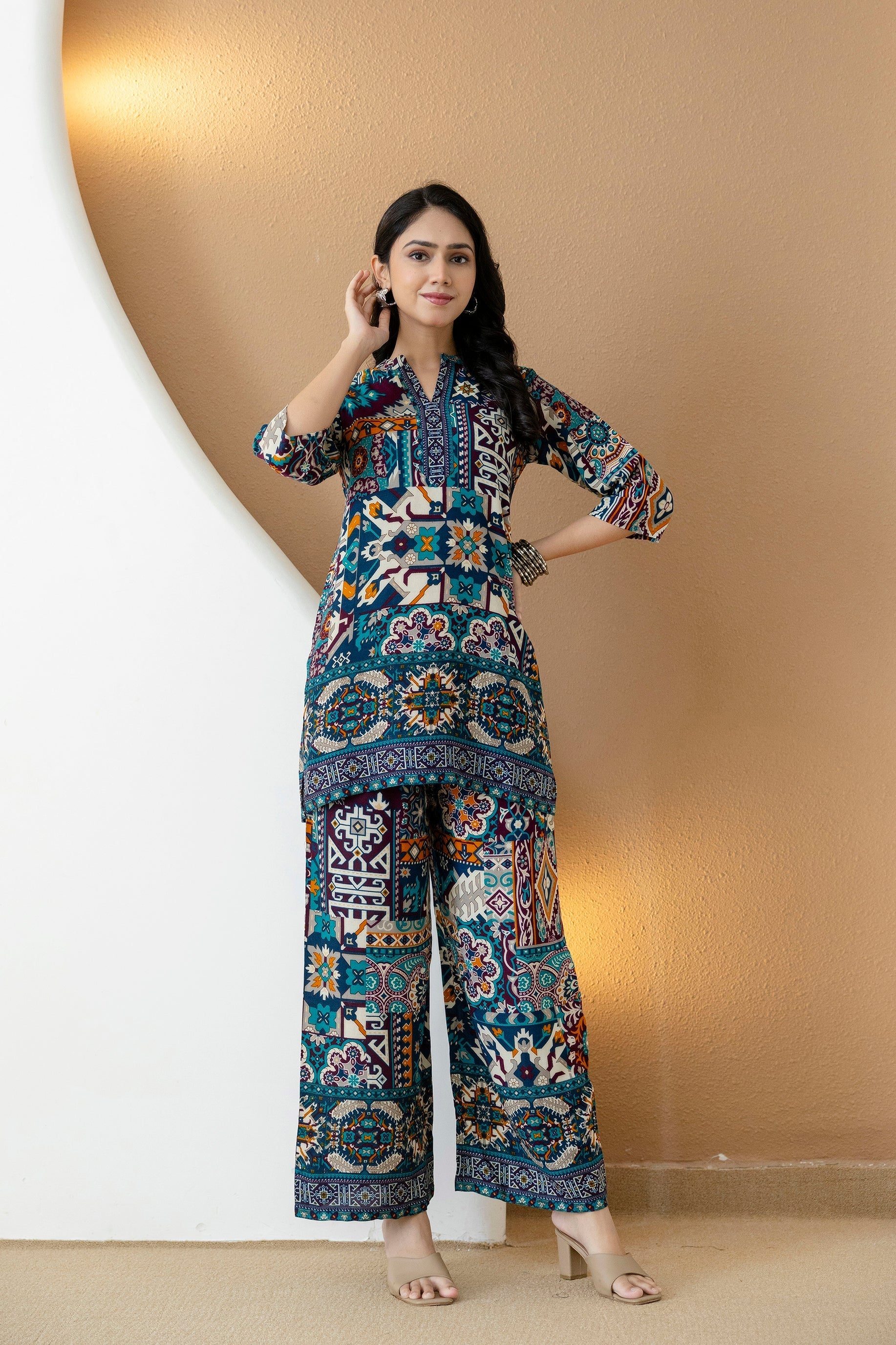 Boho Printed Co-Ord Set, Teal - Hiral Fashion - Distacart