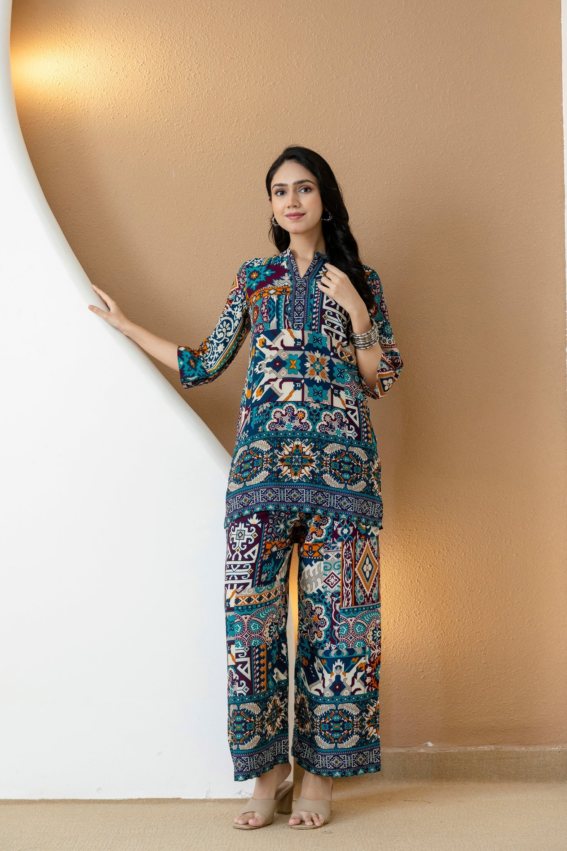 Boho Printed Co-Ord Set, Teal - Hiral Fashion - Distacart
