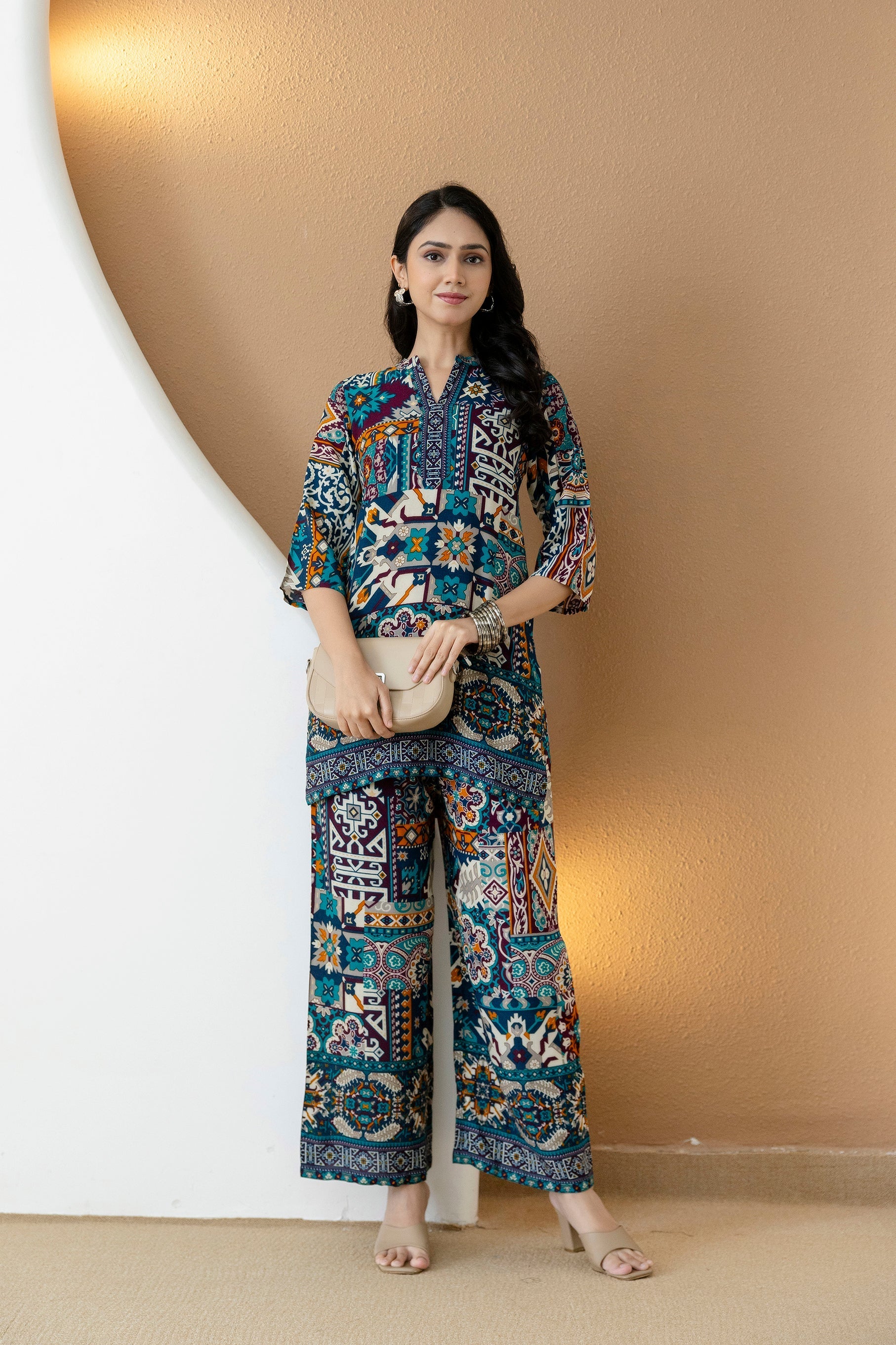 Boho Printed Co-Ord Set, Teal - Hiral Fashion - Distacart