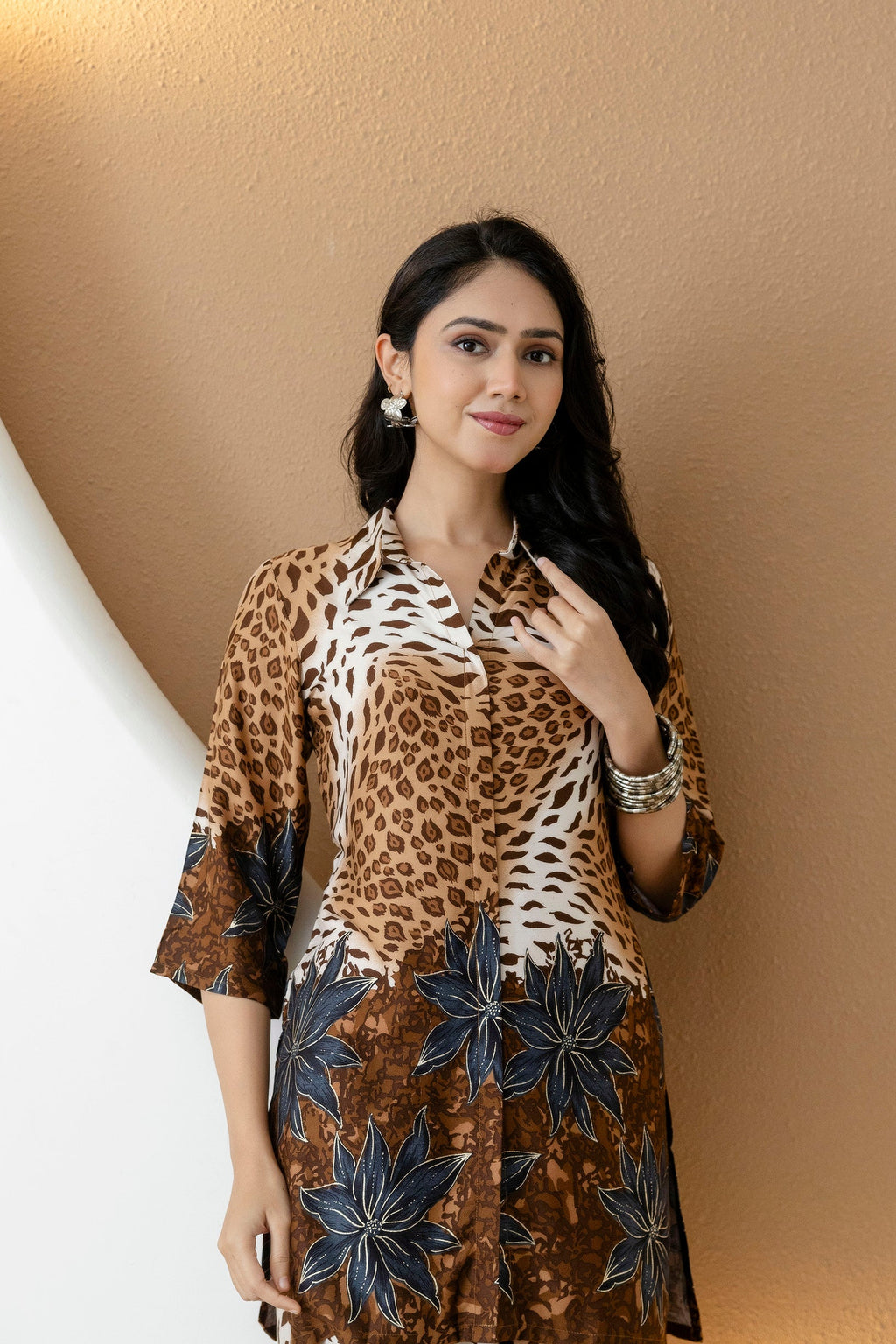 Animal & Floral Motifs Printed Ethnic Co-Ord Set, Brown - Hiral Fashion - Distacart
