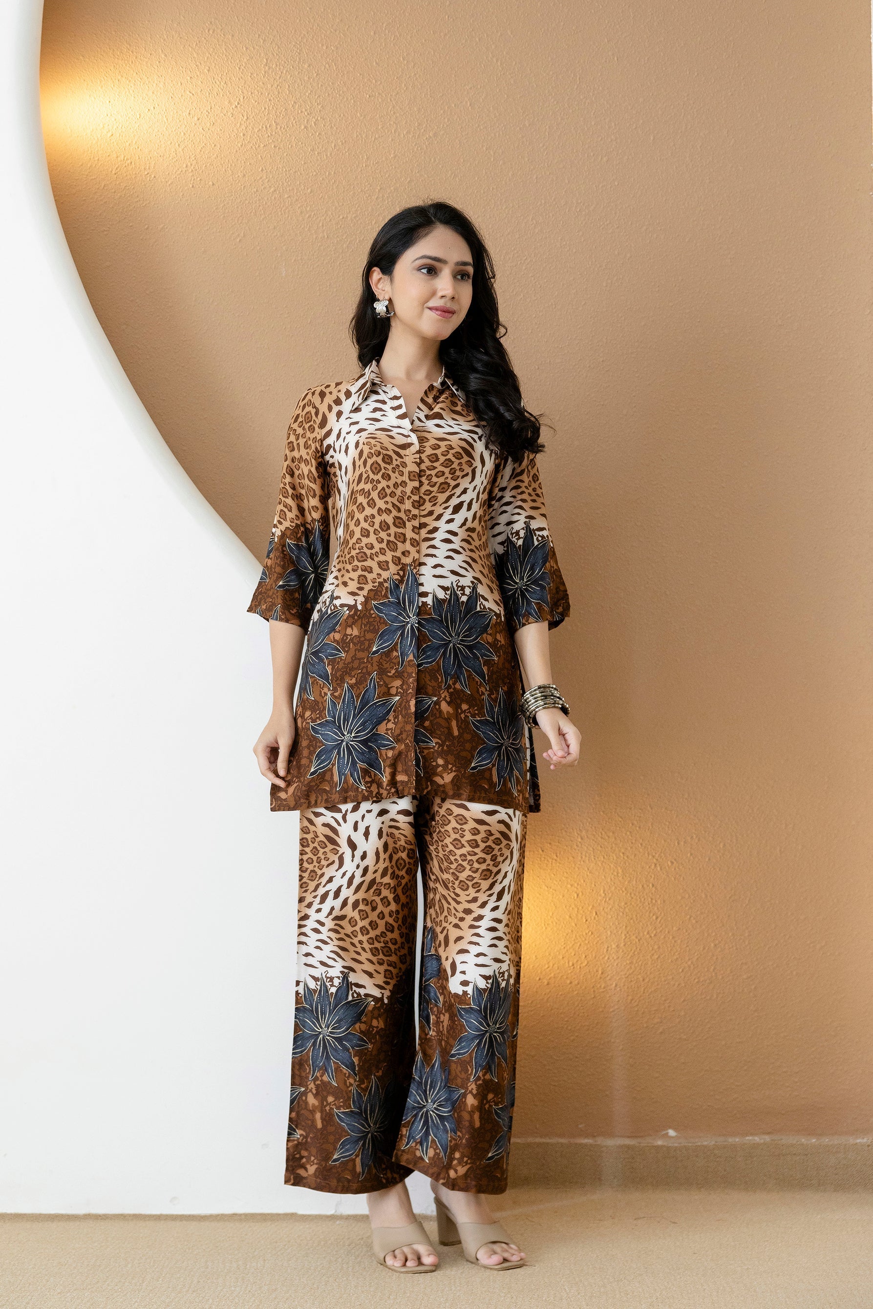 Animal & Floral Motifs Printed Ethnic Co-Ord Set, Brown - Hiral Fashion - Distacart