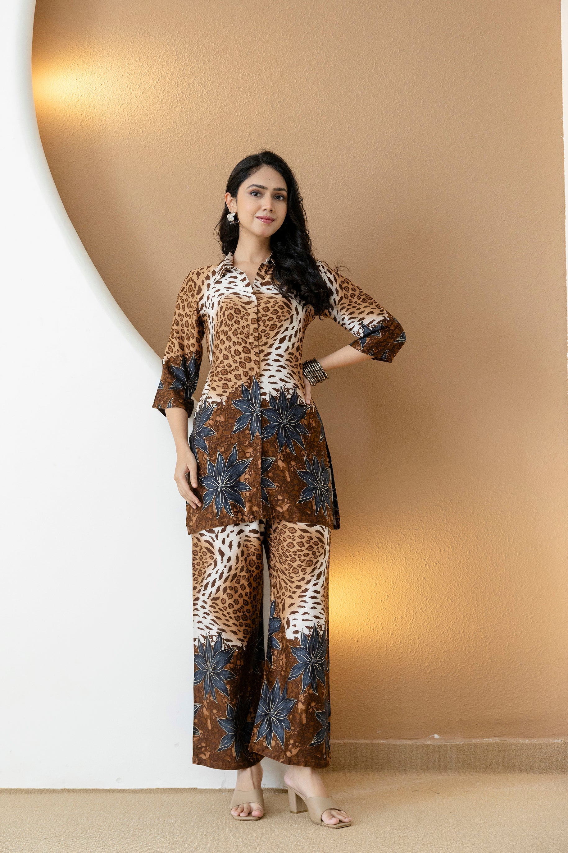 Animal & Floral Motifs Printed Ethnic Co-Ord Set, Brown - Hiral Fashion - Distacart