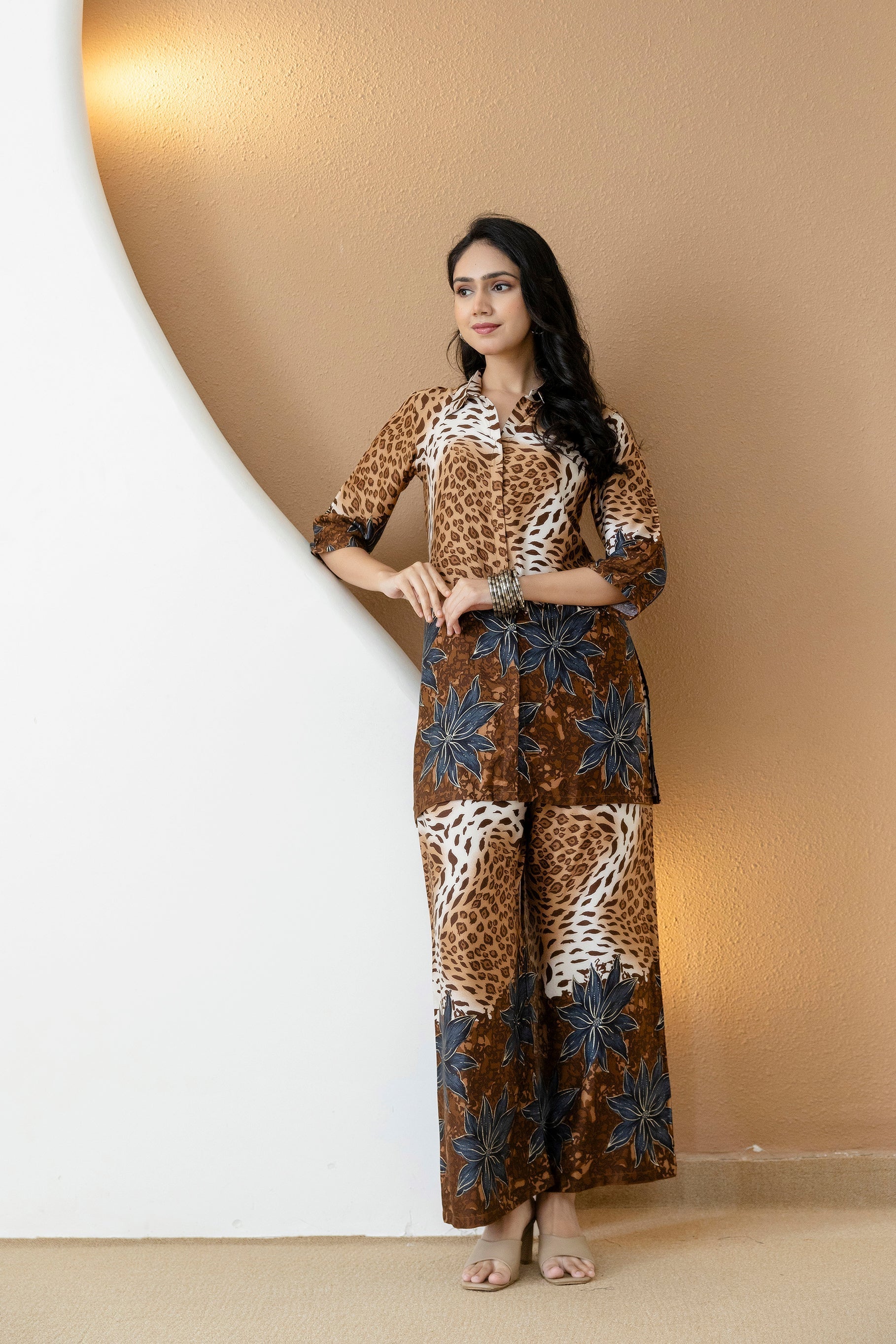 Animal & Floral Motifs Printed Ethnic Co-Ord Set, Brown - Hiral Fashion - Distacart