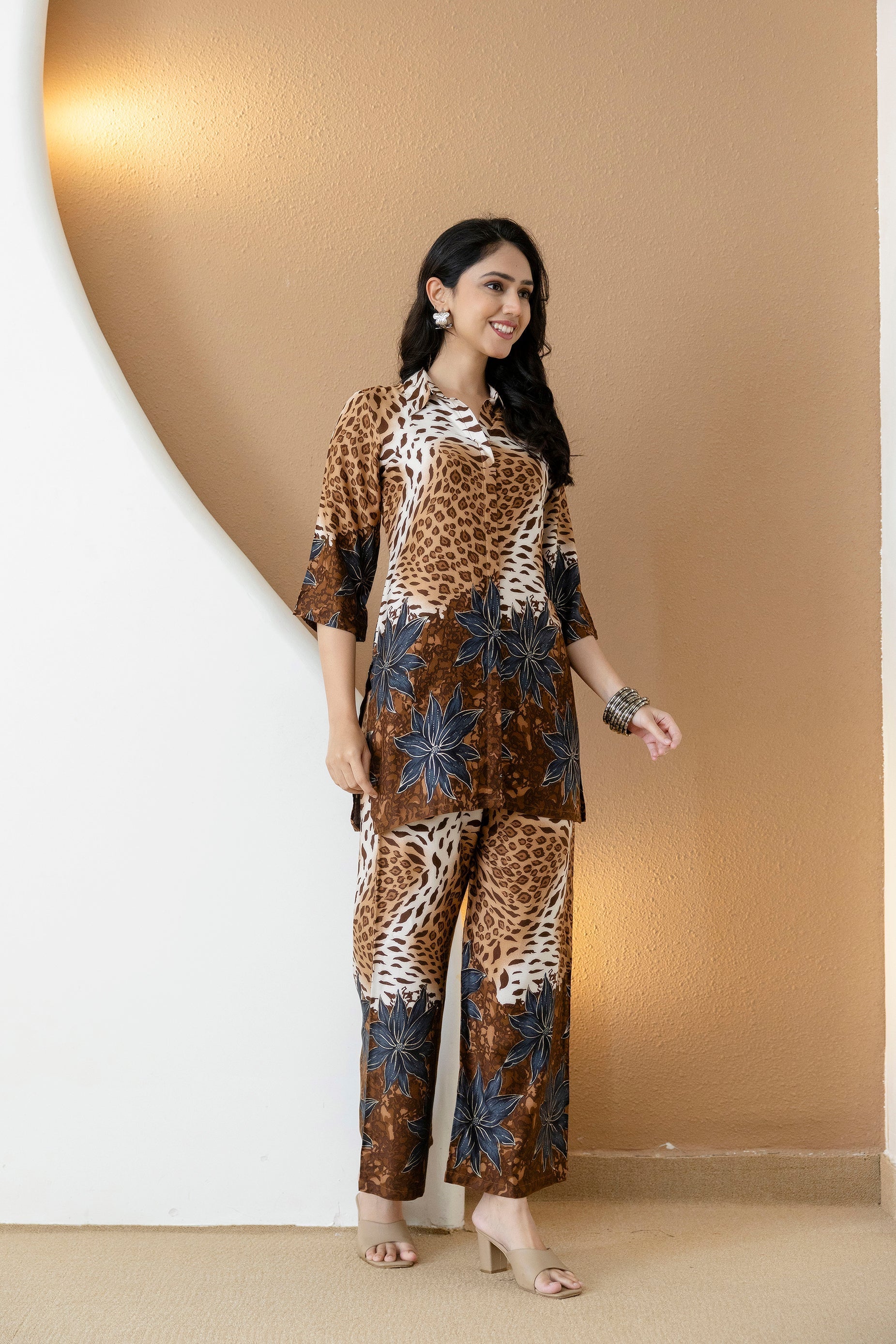 Animal & Floral Motifs Printed Ethnic Co-Ord Set, Brown - Hiral Fashion - Distacart