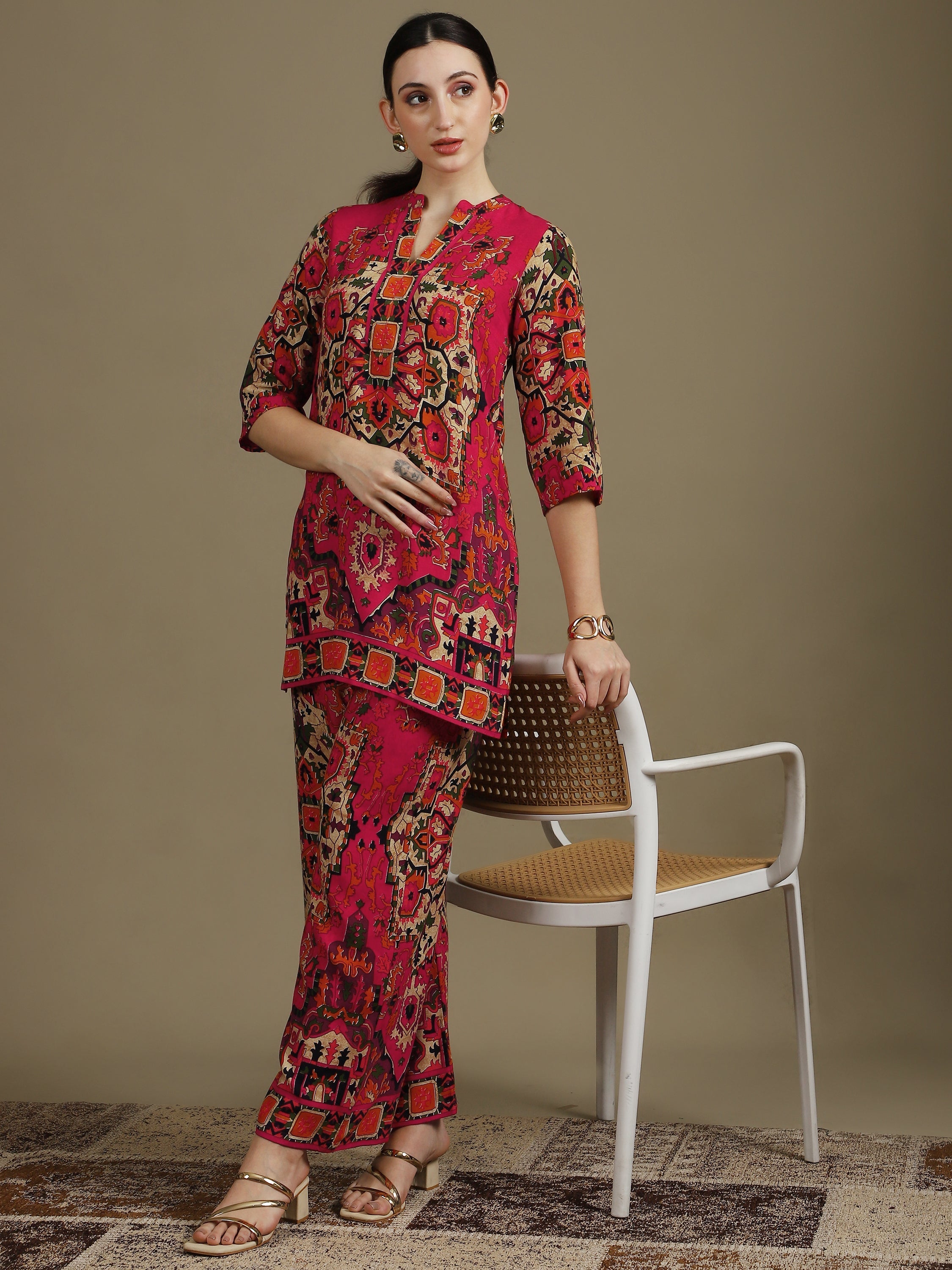 Ethnic Printed Co-Ord Set, Pink - Hiral Fashion - Distacart